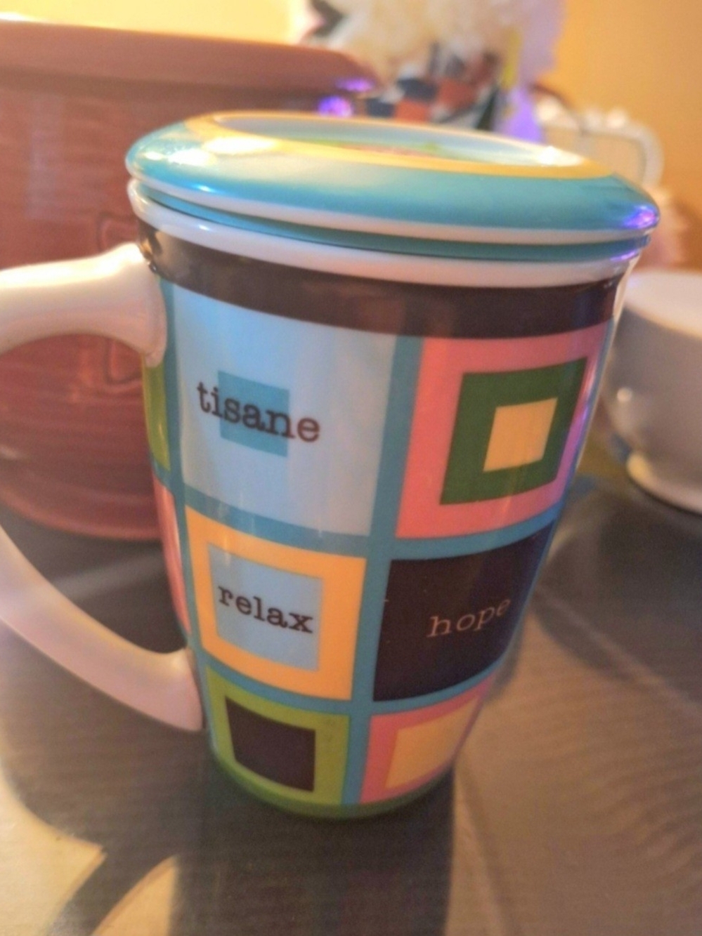 Colorful Geometric Ceramic Tea Mug with Lid - Blue Multi